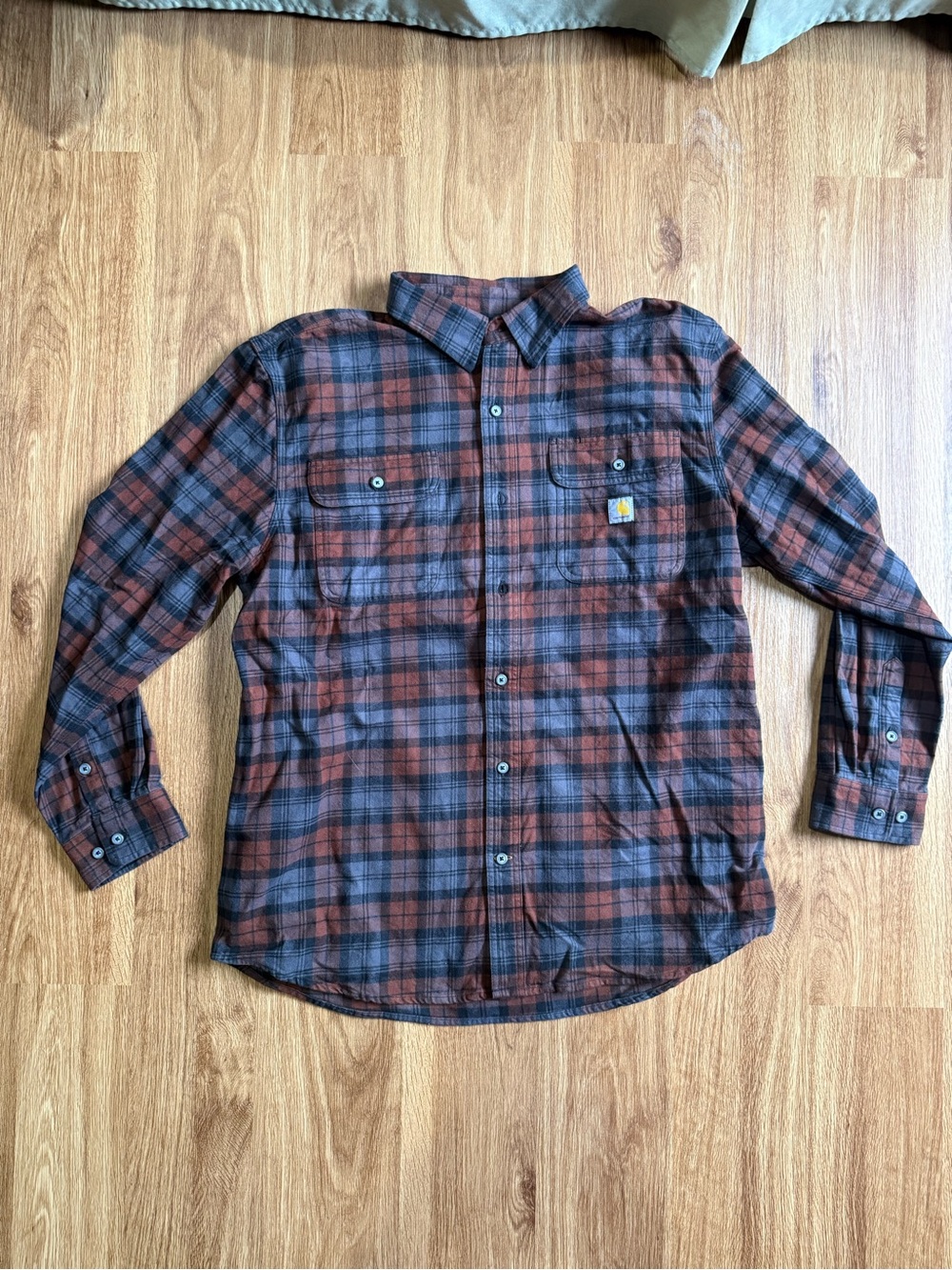 Carhartt Men's Rust and Black Plaid Button-Down Shirt